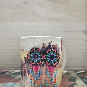 Beaded huichol, flower, earrings